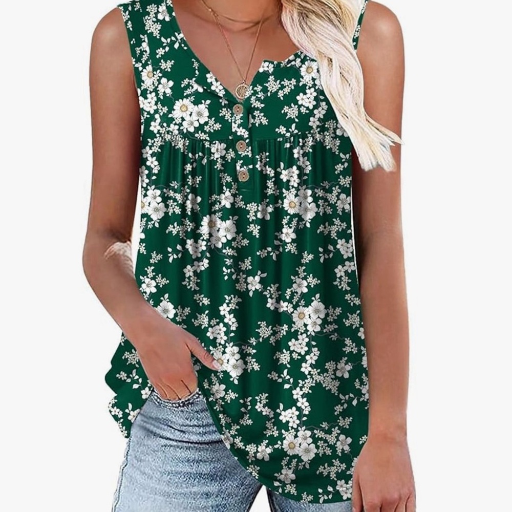 Green Floral Sleeveless Tank Top
